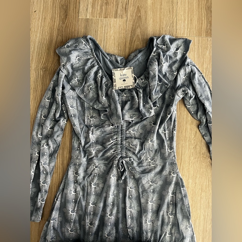 NWT Kate Quinn Women’s Long Sleeve Dress Ruffles Blue Cosmic Moon Bamboo XS - Picture 2 of 5